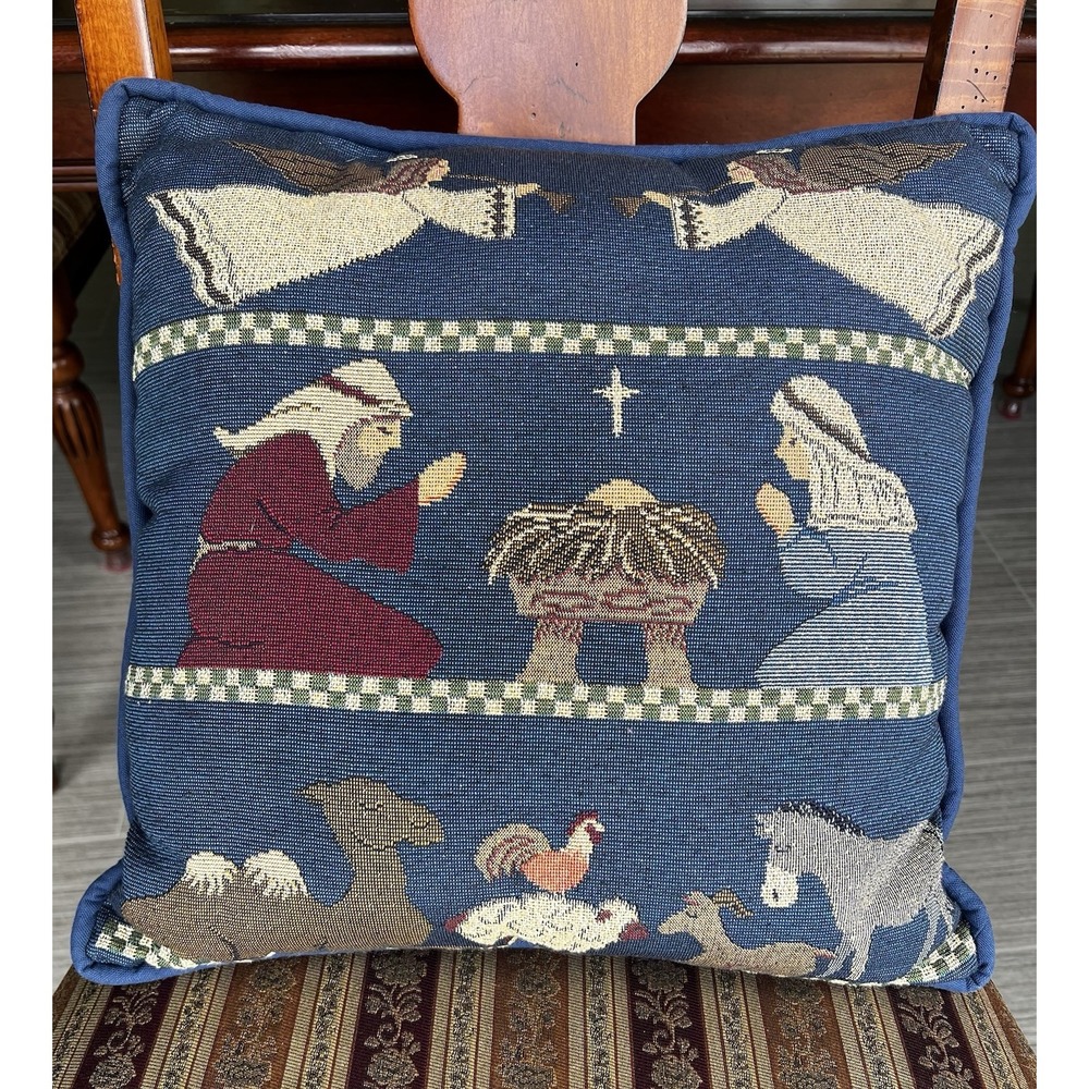 Nativity Tapestry Pillow Jesus Mary Joseph Manger Angels Animals Christmas 16x16